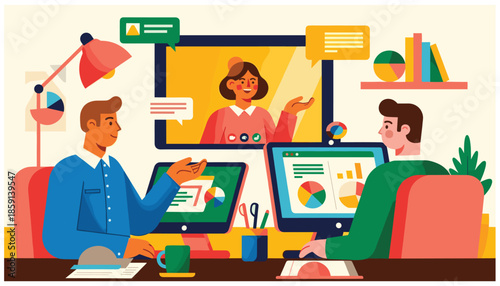 Team communication and project management concept. Workflow and organization of work between employees and colleagues. Men and women discuss project via video link. Cartoon flat vector illustration