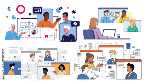 Team communication and project management concept. Workflow and organization of work between employees and colleagues. Men and women discuss project via video link. Cartoon flat vector illustration