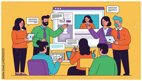 Team communication and project management concept. Workflow and organization of work between employees and colleagues. Men and women discuss project via video link. Cartoon flat vector illustration