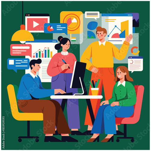 Team communication and project management concept. Workflow and organization of work between employees and colleagues. Men and women discuss project via video link. Cartoon flat vector illustration