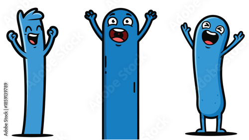A playful vector illustration of tall blue cartoon characters showing expressive gestures and emotions, created with simple shapes and vibrant colors for modern graphic designs.