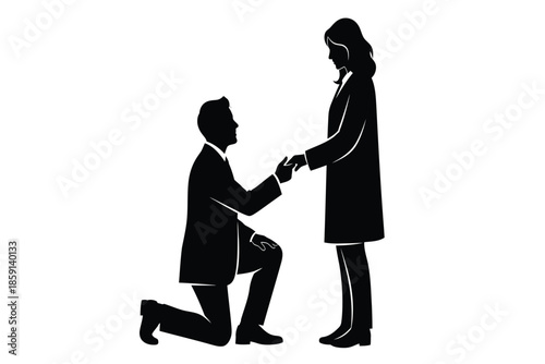A silhouette depicts a romantic moment as a man kneels to propose to a woman in formal attire