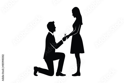A silhouetted depiction of a romantic marriage proposal featuring a man kneeling and offering a ring to a woman