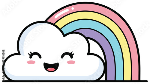 A cheerful cartoon vector illustration of a smiling cloud with a colorful rainbow, designed in a cute and playful style to evoke happiness, positivity, and child-friendly creativity.