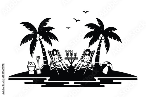 A tranquil tropical scene depicts two pairs of people relaxing on lounge chairs beneath swaying palm trees on a beach