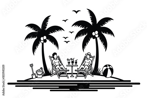 A serene black and white illustration depicts a tropical beach scene with two lounge chairs palm trees and birds