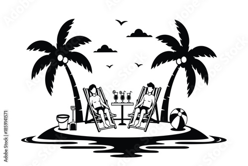 A peaceful tropical scene depicts two lounge chairs a small table with drinks and palm trees on a beach