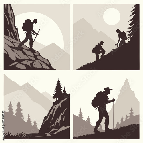 Silhouettes of hikers in mountainous terrain