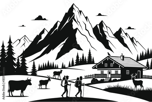 A stunning black and white illustration depicts a serene mountain landscape with a quaint cabin and hikers evoking tranquility