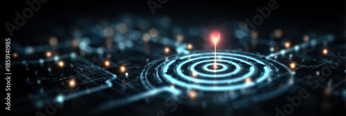 Digital target locked on a virtual roadmap interface symbolizing focused goal setting structured strategy milestone tracking and success in digital transformation era