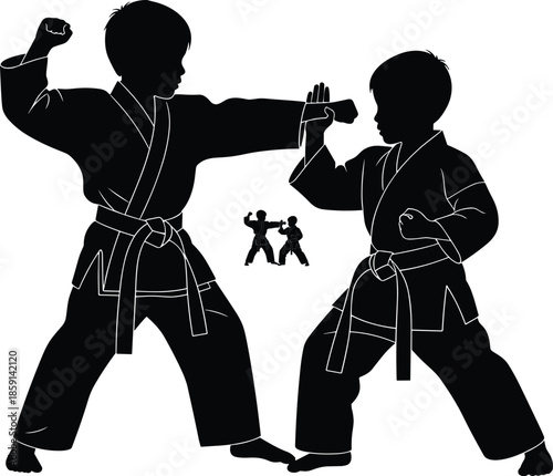 Two Young Boys Training Karate or Martial Arts Silhouette, Kids in Kimono Gi, Self-Defense, Discipline, Sport, Black and White Vector Illustration, Fight, Dojo, Training.