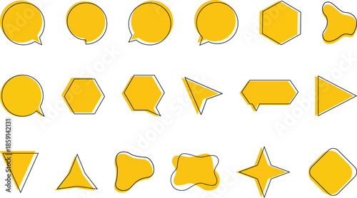 A minimalist collection of modern vector shapes featuring speech bubbles, geometric icons, and abstract blobs.