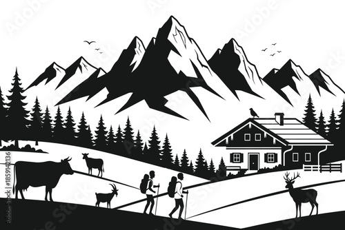 A striking black and white illustration depicts a serene alpine landscape with majestic mountains a cozy cabin and wildlife