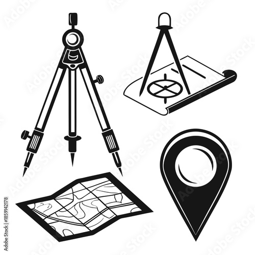 Surveying tools and map illustration