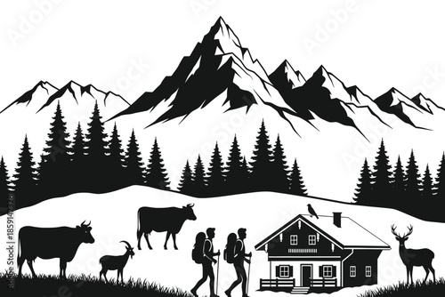 A striking black and white illustration depicts a serene mountain landscape with a cozy cabin grazing cows hikers and wildlife