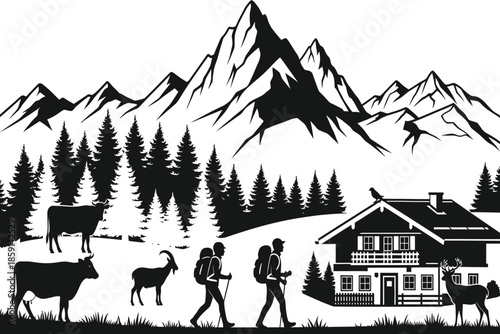 A striking black and white illustration depicts a serene mountain landscape with hikers cows and a cozy cabin scene