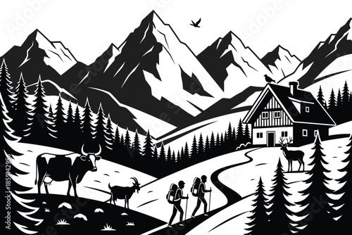 a stunning black and white illustration depicts a serene mountain landscape with a cozy chalet grazing cattle and hikers