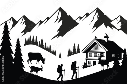 A striking black and white illustration depicts a serene mountain landscape with a cozy chalet hikers and grazing cows