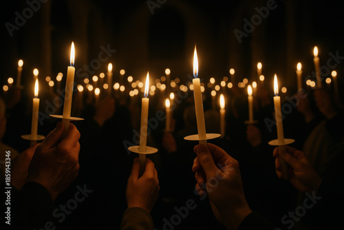 hands holding lit candles in dark church during peaceful vigil with warm glowing flames and soft bokeh lights in background