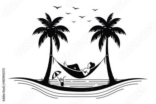 A serene black and white illustration depicts a tropical scene with swaying palm trees and a hammock for relaxation