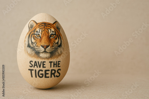 handcrafted egg with painted tiger face and save the tigers conservation message on neutral background