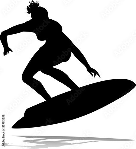 Surfer surfboard boarding female surfer surfing silhouette outline. Woman surf pose design concept.