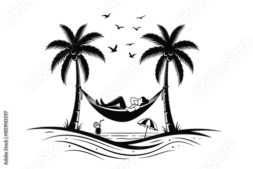A peaceful scene depicts a person relaxing in a hammock strung between two palm trees on a tropical beach