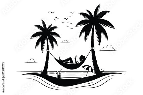 A peaceful black and white illustration depicts a relaxing scene with palm trees a hammock and a person enjoying a tropical getaway