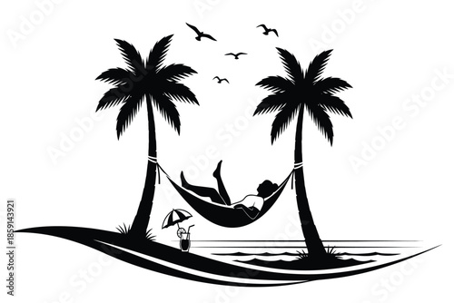A serene black and white illustration depicts a person relaxing in a hammock between two palm trees on a tropical beach
