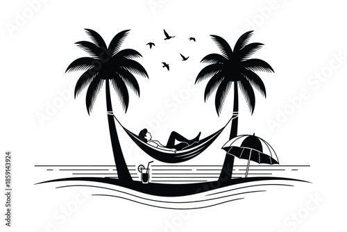 a black and white illustration depicts a serene tropical beach scene with palm trees a hammock and a relaxing vacation vibe