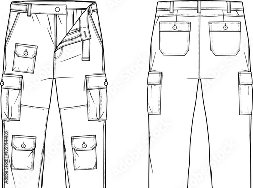 Cargo pants technical fashion flats, front back views utility trousers apparel design template cad drawing flat vector illustration