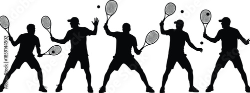 Collection of five black silhouettes of tennis players hitting ball, isolated vector illustration for sport competition, championship, tournament, active athlete design