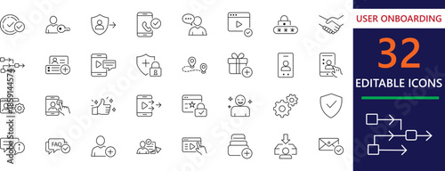 Premium user onboarding stroke icons for SaaS, welcome, feedback,  and UI/UX walkthroughs. Minimalist vector set for app setup and digital adoption.
