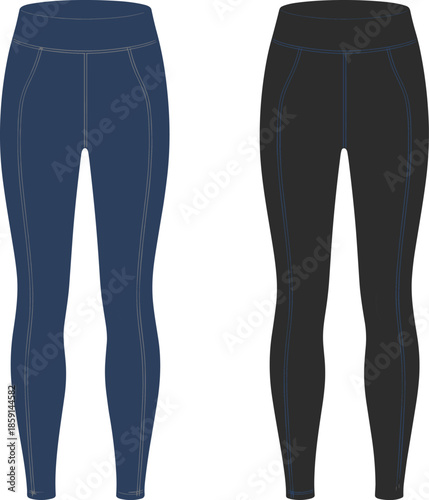 High waist athletic leggings, navy and black color options, contour seam design, stylish sportswear for women, fitness fashion, vector illustration