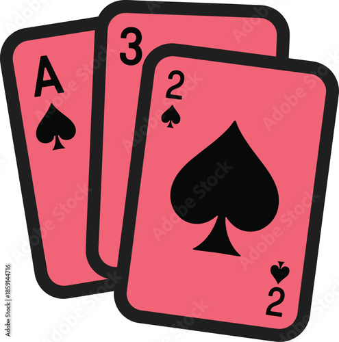 Ace, two, and three of spades playing cards, red background, black symbols, vector illustration, casino theme, cad drawing flat vector illustration