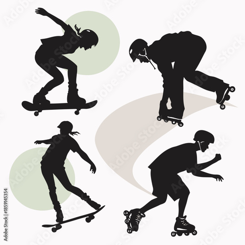 Skateboarding and rollerblading action silhouettes
