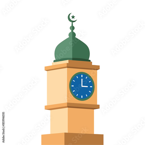 A serene illustration of a clock tower with a green dome and crescent moon symbol on top