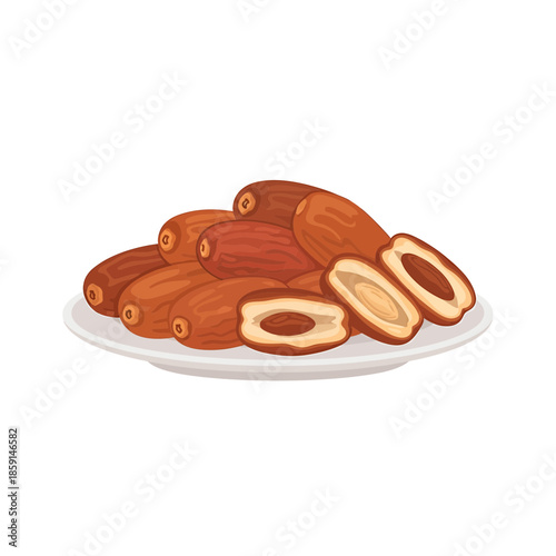 A plate of dates with some cut open to reveal their pits, on a white background