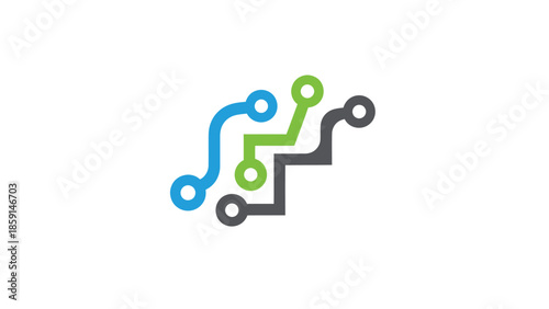 Circuit board design with colorful lines and connected circles, technology concept.