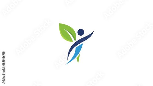 Healthy lifestyle logo featuring a person with a leaf, representing wellness and growth.