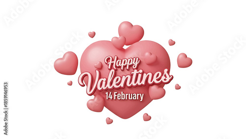 A 3D rendered graphic features a large heart with floating smaller hearts, the words "Happy Valentines" written on it and the date