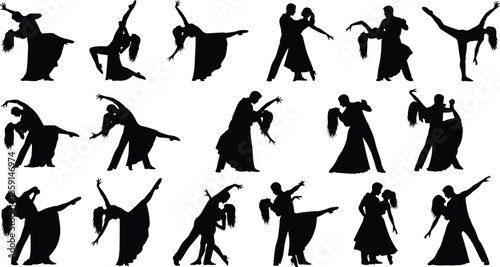 Dance couple silhouettes collection vector illustration, ballroom contemporary ballet partner poses, elegant dancers performing romantic choreography isolated on white background