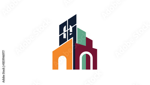 Colorful abstract building logo design representing architecture and urban development.