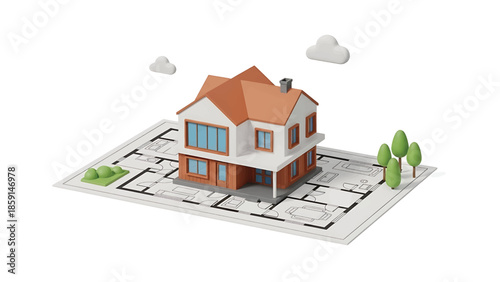 A 3D rendered house model sits atop a blueprint, showcasing its architectural design. Clouds and miniature trees enhance the scene