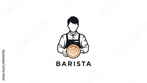 A barista logo featuring a figure with no face, wearing an apron, holding a cup of coffee with latte art, accompanied by text