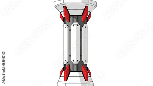 A 3D-rendered illustration of a futuristic pillar. It is composed of white, red and grey geometric shapes. The pillar has a cylindrical center with elongated white panels