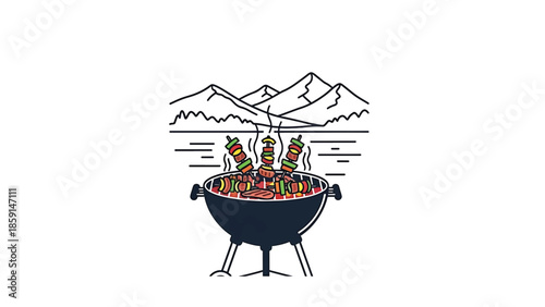 A barbecue scene, with a grill featuring skewers of grilled food. Mountains and a lake are behind the grill. Smoke rises