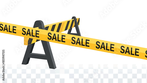A barricade made of two black stands and yellow tape. The tape repeats the word "SALE" on a transparent background, conveying a shopping or sales message
