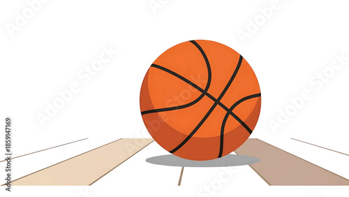 A basketball is set on a striped court floor, with a subtle shadow beneath it