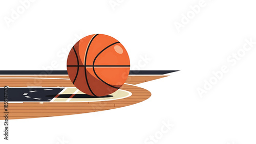 A basketball illustration showing the ball resting on a court, complete with lines and a circular design. Textured design